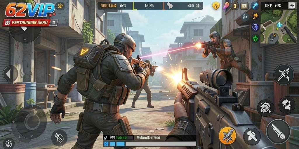 Gameplay epik dalam 62VIP dengan pertempuran TPS yang seru.