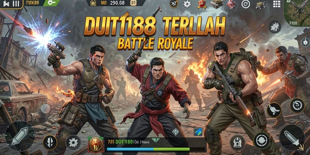 Tangkapan layar utama <strong>DUIT188</strong> menampilkan aksi pertempuran seru dalam game Battle Royale.