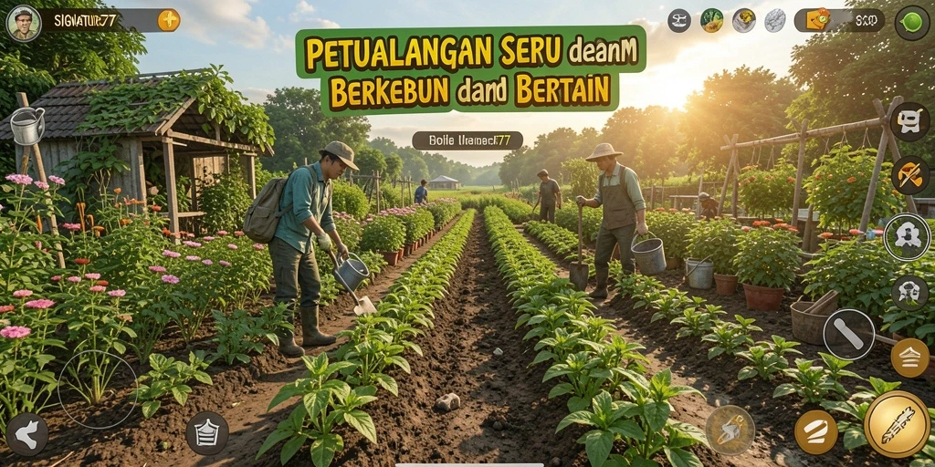 Tampilan gameplay dari SIGNATURE77 menampilkan kebun yang subur dan aktif.